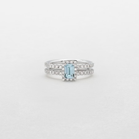 ANELLO IN ORO BIANCO, DIAMANTI E ACQUAMARINA