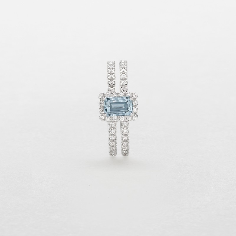 ANELLO IN ORO BIANCO, DIAMANTI E ACQUAMARINA